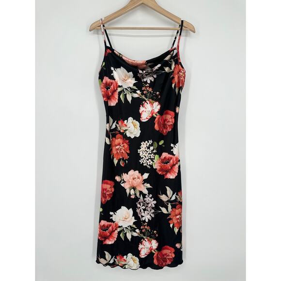 Bebe Satin Midi Slip Dress Floral Print Draped Cowl Neck Spaghetti Strap Black - Picture 2 of 10